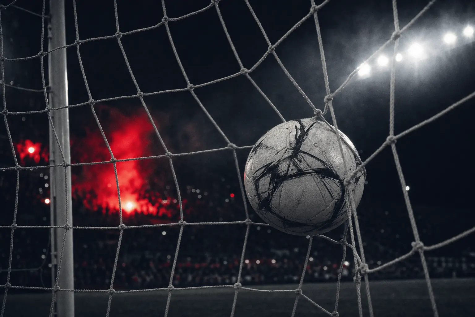Stadyum akşamı, fileye takılmış futbol topu ve arka planda kırmızı meşaleler
